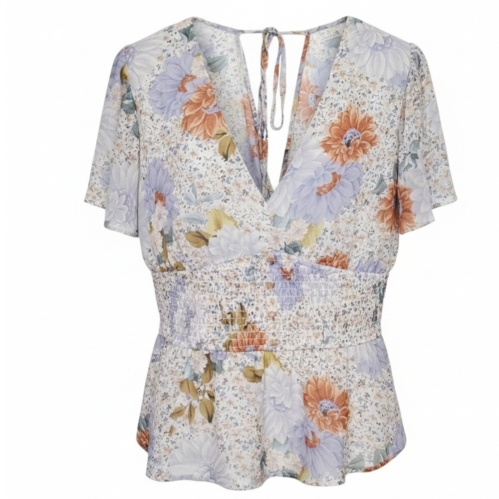 Meraki XL Dainty Y2K Flutter Sleeve Floral V-Neck Smocked Waist Blouse Top XL